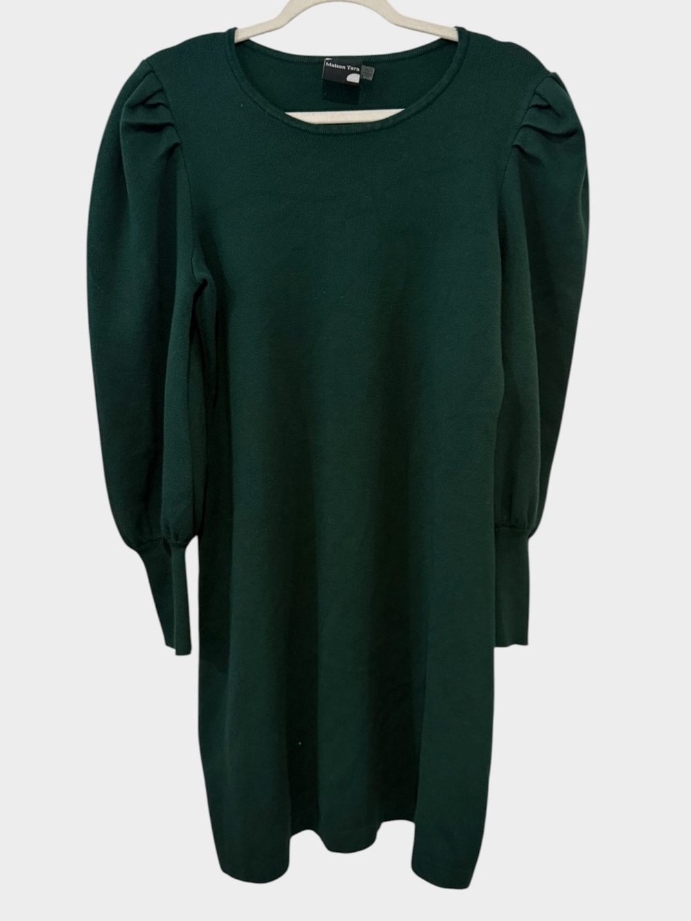Maison Tara XL Forest Green Puff Sleeve Sweater Dress Knee Length Knit